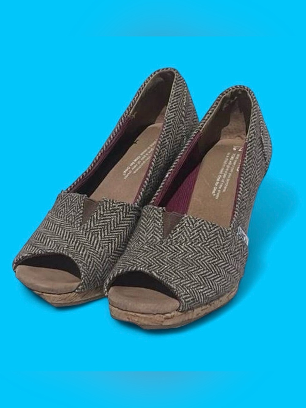TOMS Metallic Cork Wedge Heels 7.5 Brown Herringbone Tweed Peep Toe 380813